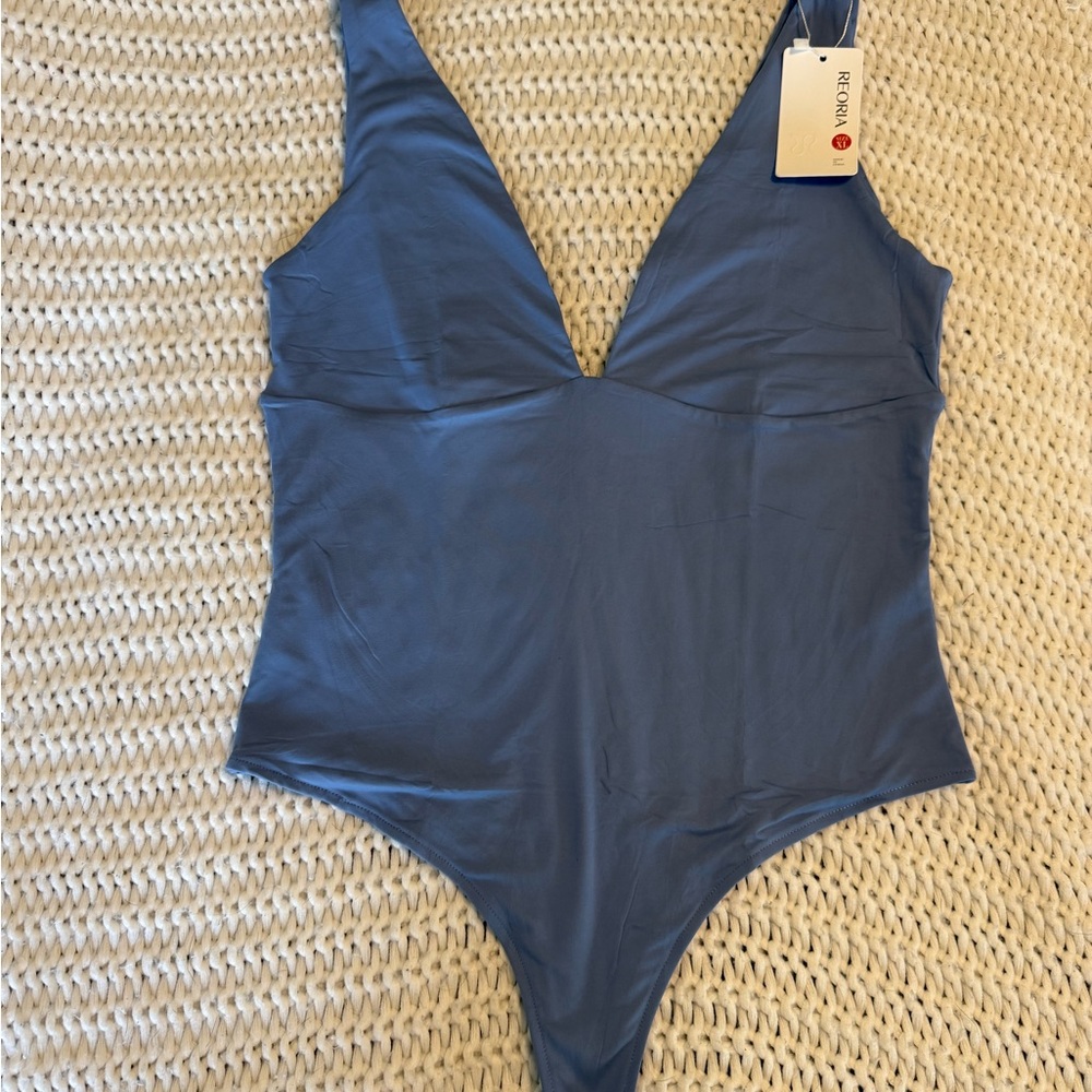 ReoRia Blue Bodysuit with Plunging V-neckline